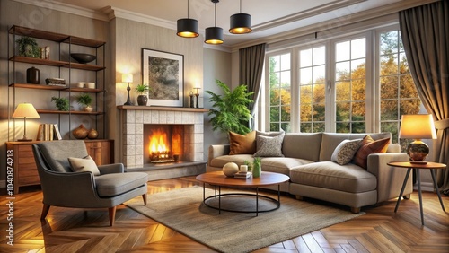 Wallpaper Mural Stylish furniture arrangement in a cozy living room, centered around a corner fireplace, promotes a warm, inviting ambiance perfect for relaxation and gatherings. Torontodigital.ca