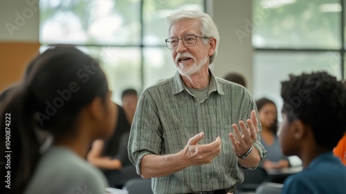 Senior professor giving a lecture to a diverse group of students.