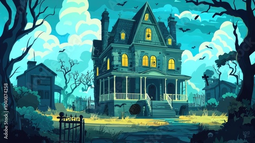 A Haunted Victorian Mansion with a Graveyard and Flying Bats photo