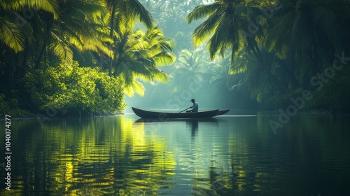 A boatman rowing along the backwaters of Kerala, with lush greenery and palm trees lining the shores photo