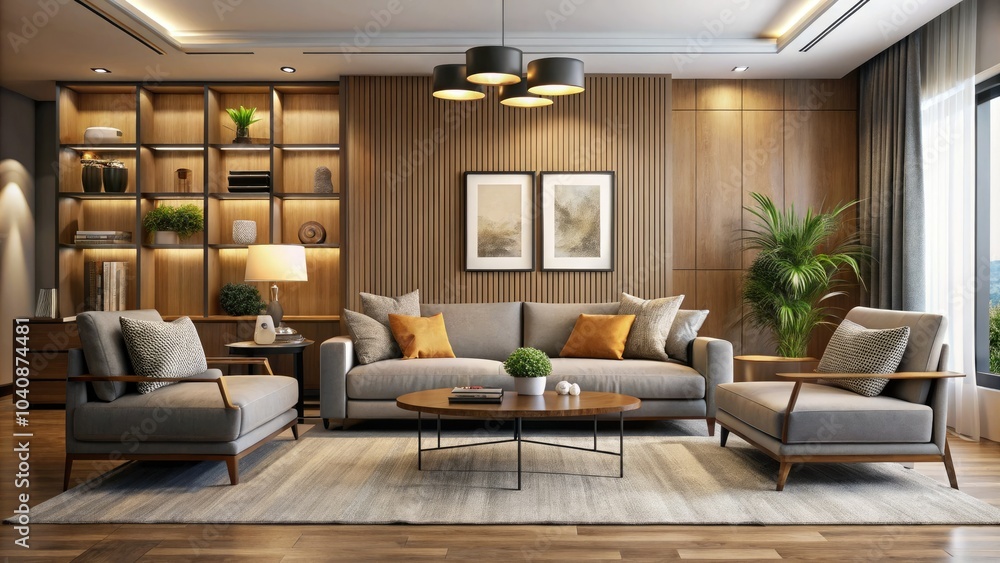 Fototapeta premium This vibrant living room layout showcases two walls that enhance comfort and modern style, blending contemporary furnishings to foster a cozy, inviting space for gatherings.