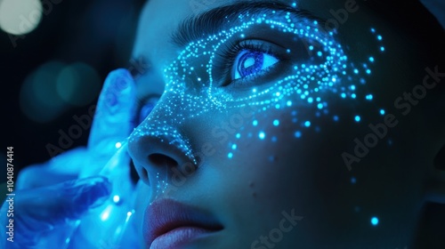 Close-up of a woman's face illuminated by blue light, creating a futuristic and ethereal effect.