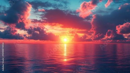 A stunning sunset over the ocean with a dramatic sky, casting a warm glow on the water.