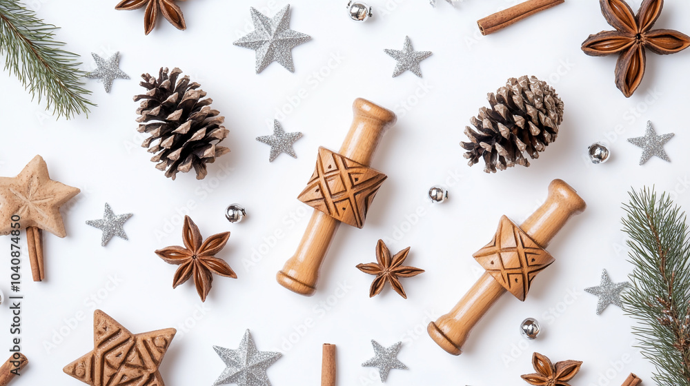 Fototapeta premium Decorative elements including stars, pinecones, and spices for celebrating Hanukkah festivities