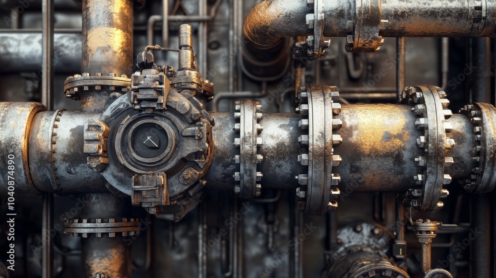 Industrial Piping System Close Up with Valves and Flanges Industrial Piping System Close Up with Valves and Flanges