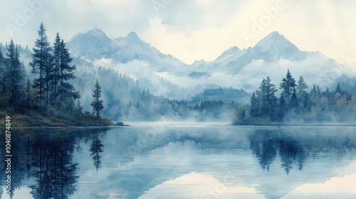 Serene landscape with mountains, lake, and misty atmosphere.