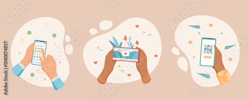 Smartphone in hand with app on screen. Mobile device cartoon set showing digital video, phone app use, and communication. Ideal for showcasing digital media, online interaction, and technology themes.