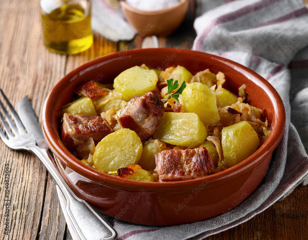Potato stew with pork and potatoes in a clay baking dish on wooden background. Selective focus. Potato stew with pork and potatoes in a clay baking dish on wooden background. Selective focus.
