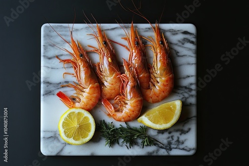 Red Langostino shrimps Prawns on a marble board. Black background. Top view. Copy space. photo