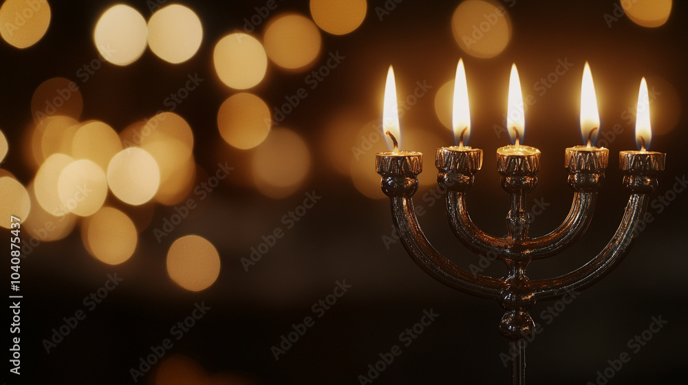 Fototapeta premium A beautifully lit menorah with five glowing candles during Hanukkah celebrations at home