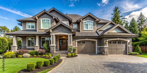 A modern suburban home with a two-car garage and a landscaped front yard, showcasing a paved walkway leading to the front entrance