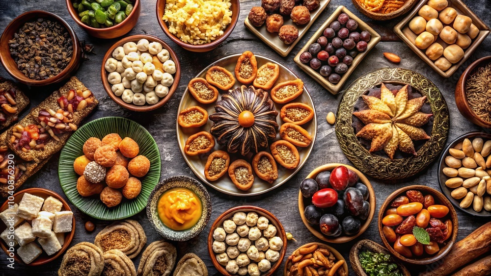 A Festive Table Spread of Delicious Treats, Featuring a Variety of Sweet and Savory Delights in Rustic Bowls and Plates A Festive Table Spread of Delicious Treats, Featuring a Variety of Sweet and Savory Delights in Rustic Bowls and Plates