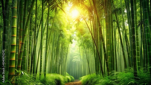 A Tranquil Path Through a Verdant Bamboo Grove, Bathed in the Golden Light of the Setting Sun