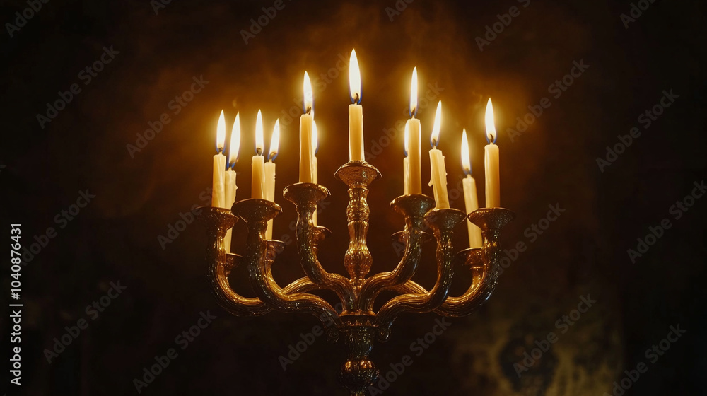 Hanukkah menorah with glowing candles shining brightly in a warm, cozy setting during the festival Hanukkah menorah with glowing candles shining brightly in a warm, cozy setting during the festival