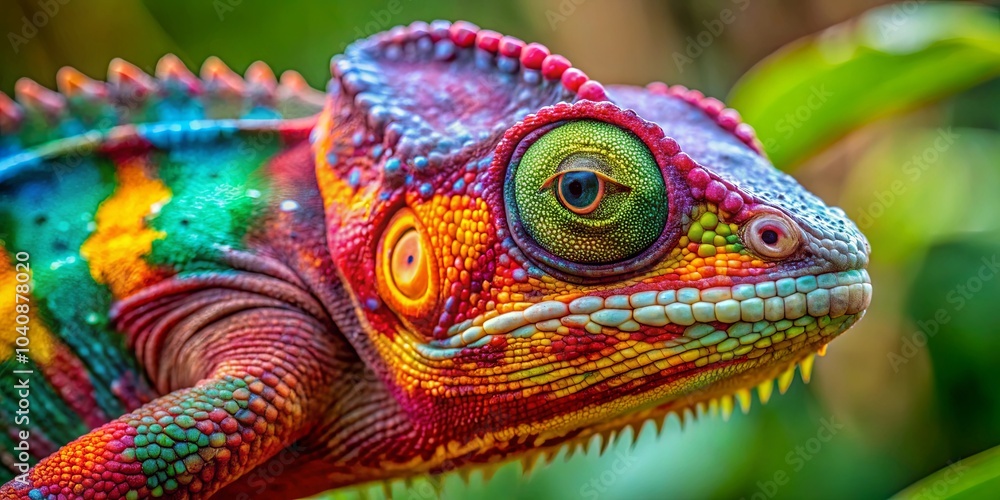 Fototapeta premium A Close-Up Portrait of a Vibrantly Colored Chameleon with a Striking Eye, its Skin a Kaleidoscope of Hues, its Gaze Focused and Intense, a Master of Camouflage and a Symbol of Adaptability