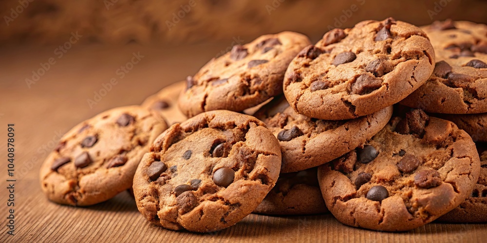 A Close-Up of Chocolate Chip Cookies on a Wooden Surface, showcasing the rich texture and inviting aroma A Close-Up of Chocolate Chip Cookies on a Wooden Surface, showcasing the rich texture and inviting aroma
