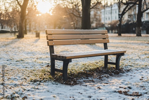 Snowy Bench in Quiet Park at Sunset