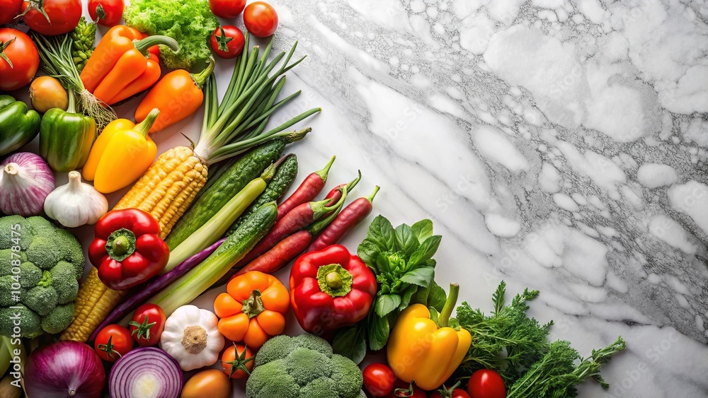 A vibrant medley of fresh vegetables arranged on a pristine marble surface, with the top right corner left open for culinary inspiration. A vibrant medley of fresh vegetables arranged on a pristine marble surface, with the top right corner left open for culinary inspiration.