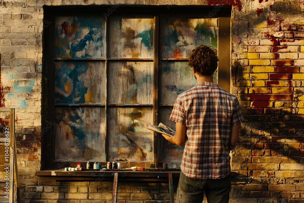 Young Artist Painting Mural on Old Brick Wall Young Artist Painting Mural on Old Brick Wall