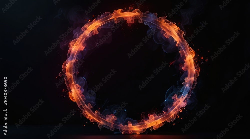 Fototapeta premium Vibrant Flaming Ring of Fire on Black Background, Isolated Fiery Circular Shape for Visual Impact