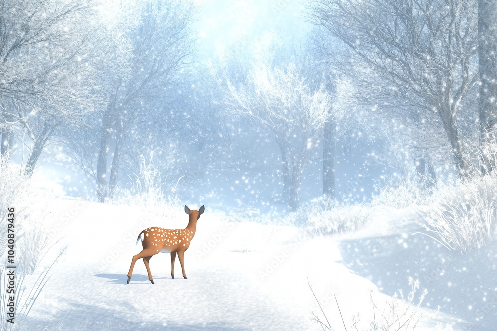 Deer Walking Through Snow-Covered Forest Scene Deer Walking Through Snow-Covered Forest Scene