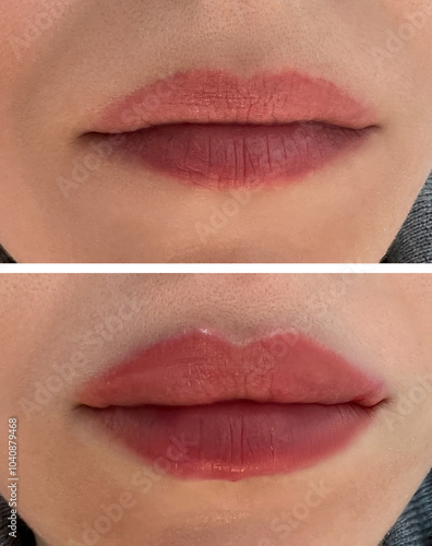 фотографія collage before and after lips after the enlargement procedure