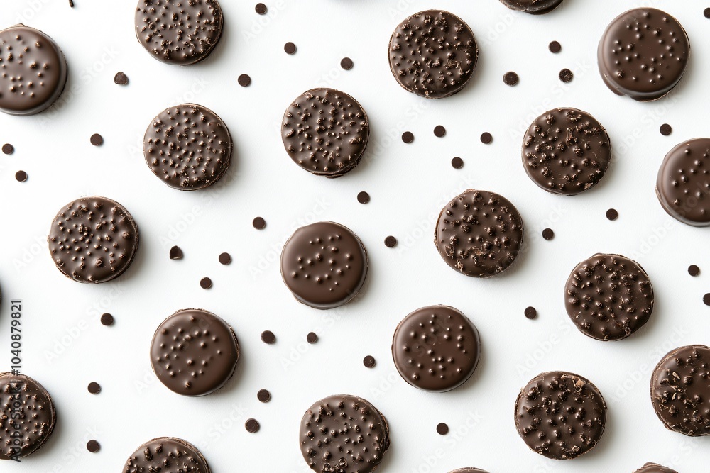 Scattered Chocolate Coins on White Background Scattered Chocolate Coins on White Background