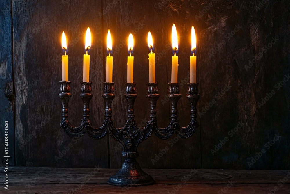 Fototapeta premium Lit Menorah with Nine Candles on Wooden Table