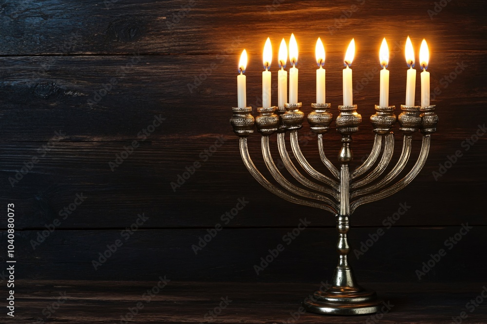 Fototapeta premium Nine Lit Candles on Menorah Against Dark Background