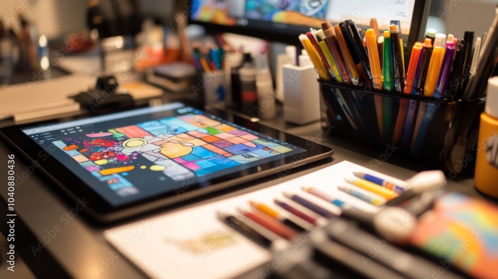 Creative Workspace with Digital and Traditional Art Supplies Creative Workspace with Digital and Traditional Art Supplies