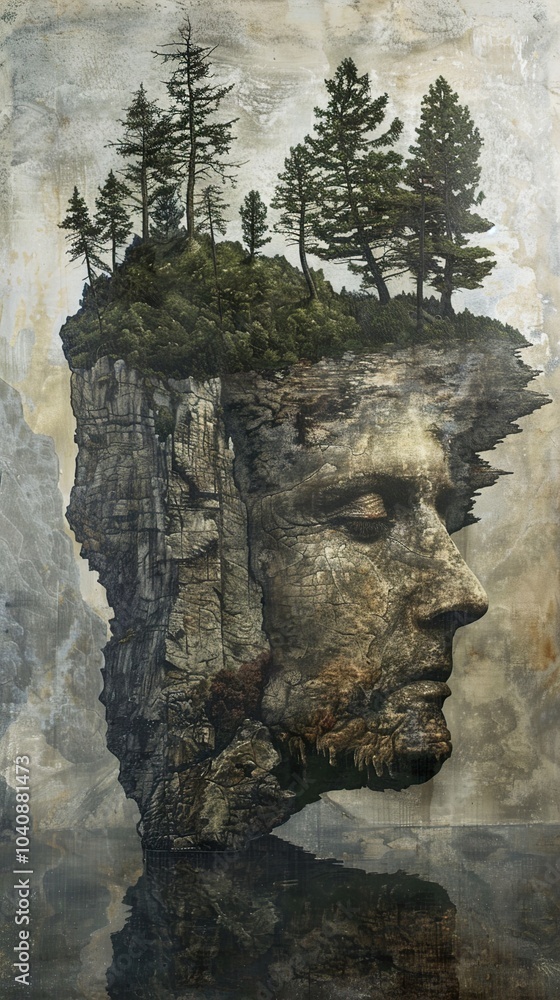 Surreal Landscape with Rock Formation and Trees Surreal Landscape with Rock Formation and Trees