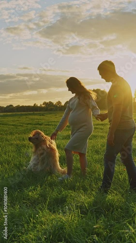 A couple enjoys a sunset walk with their dog in a peaceful grassy field