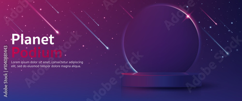 3D Vector product display stand podium banner. Space scene with planet, comet, star, universe and galaxy background