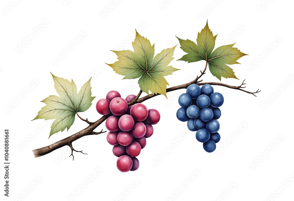 Obraz premium Japanese Woodblock Print Inspired Watercolor of Grape Leaves: Detailed Veins and Textured Leaves in Contrasting Colors 