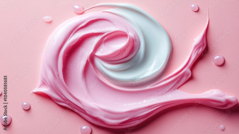 Pink and white swirling makeup cream with droplets of water on a pink background Pink and white swirling makeup cream with droplets of water on a pink background