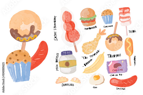 set of watercolor delicious streetfood. korean food and asian food illustration stock element