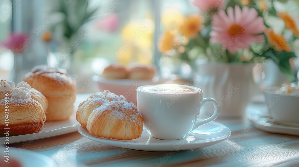 Delicious pastries and coffee with vibrant flowers in the background. Delicious pastries and coffee with vibrant flowers in the background.