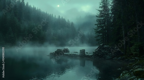 A serene, foggy landscape depicting a moss-covered stone ruin by a misty lake, surrounded by lush evergreen trees under a pale moonlight.
