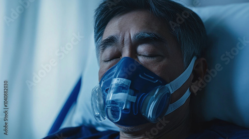 A man is wearing a blue mask and is sleeping. Concept of vulnerability and helplessness, as the man is unable to breathe without the assistance of the mask