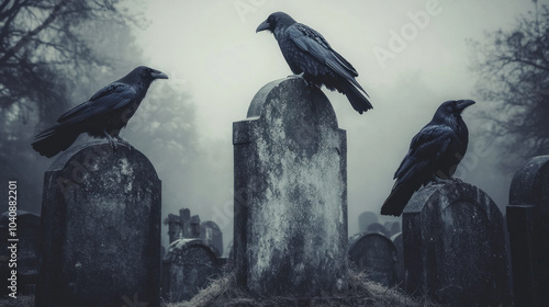Three crows are perched on a cemetery headstone. The scene is eerie and spooky, with the fog adding to the atmosphere