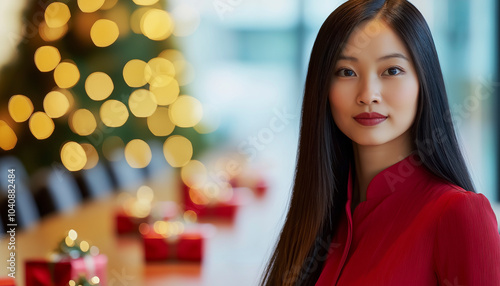 Foto de meio corpo de uma mulher chinesa com cabelos pretos longos e lisos, vestindo uma blusa vermelha, em pé ao lado de uma mesa de reunião com decorações festivas de Natal, espaço para texto photo