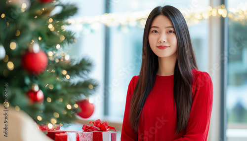 Foto de meio corpo de uma mulher chinesa com cabelos pretos longos e lisos, vestindo uma blusa vermelha, em pé ao lado de uma mesa de reunião com decorações festivas de Natal, espaço para texto photo