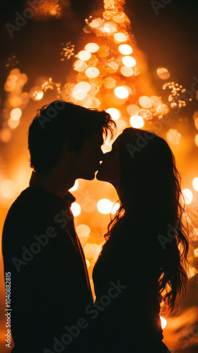A couple kissing in front of a Christmas tree. The man is kissing the woman on the lips