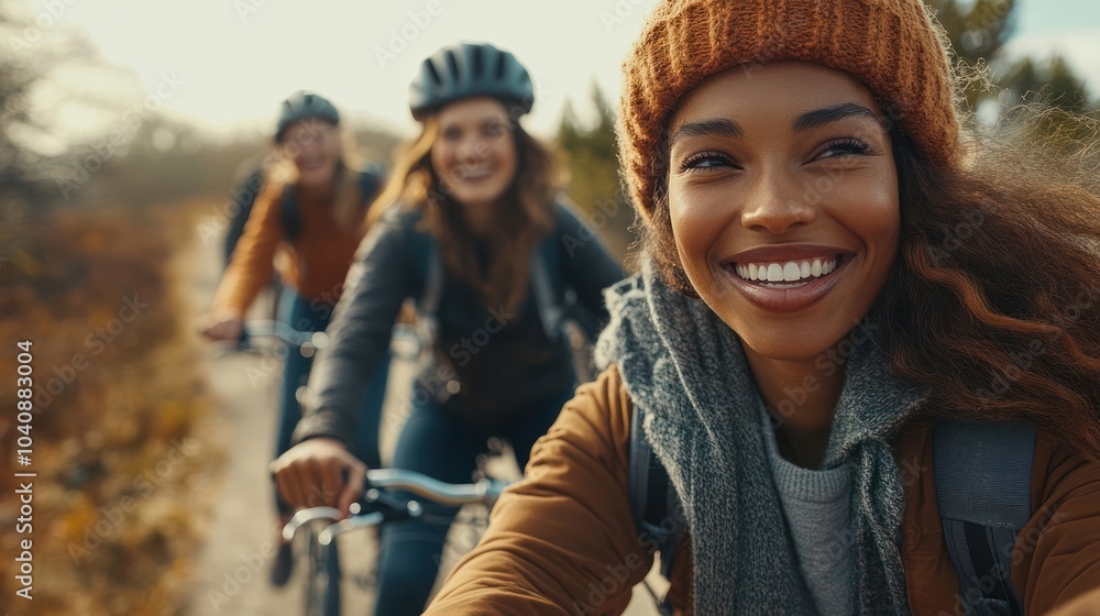 Smiling woman riding a bike with friends on a sunny day. Smiling woman riding a bike with friends on a sunny day.