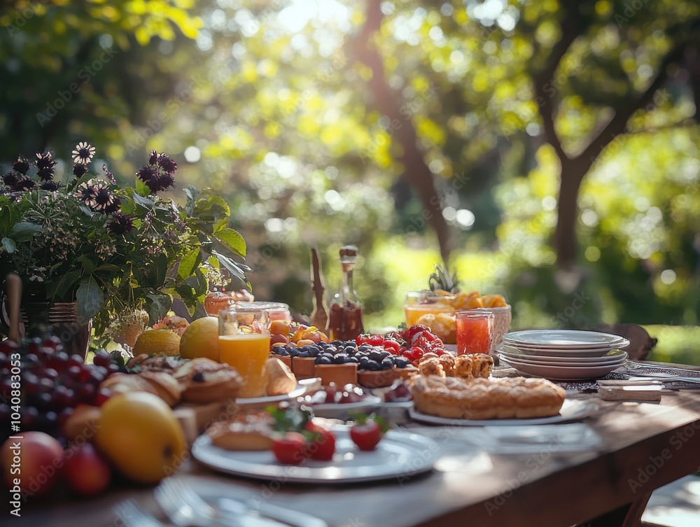 Delicious assortment of fruits, pastries, and drinks on a garden table, sunlight streaming. Delicious assortment of fruits, pastries, and drinks on a garden table, sunlight streaming.