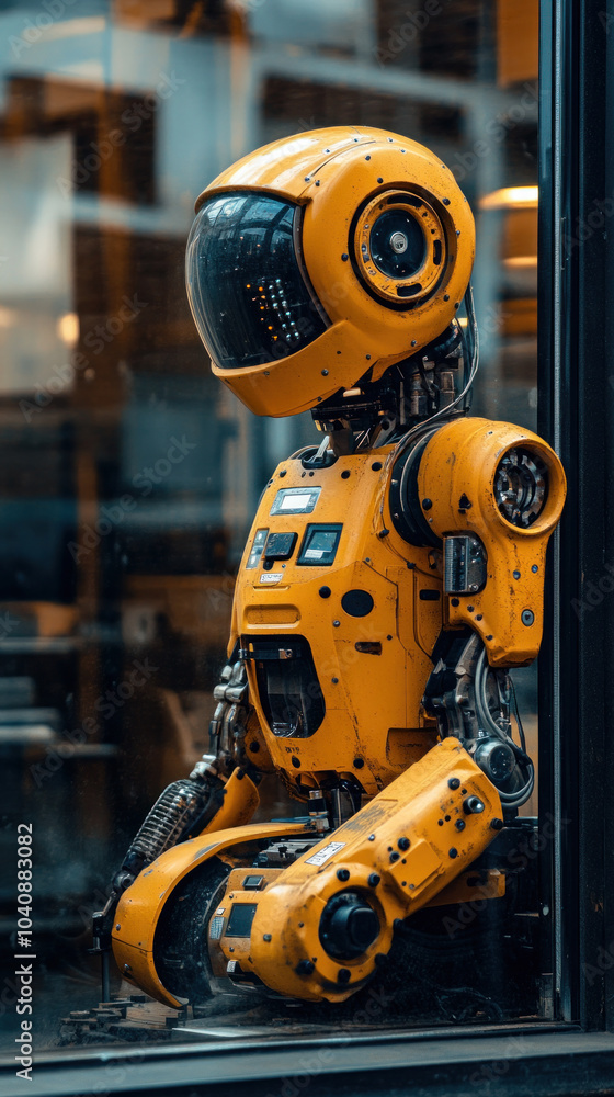 A robot is sitting in a window. The robot is yellow and has a helmet on A robot is sitting in a window. The robot is yellow and has a helmet on