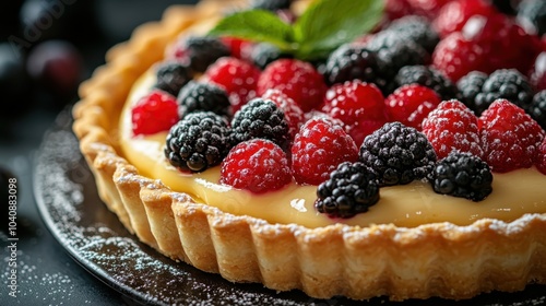 Delicious berry tart with raspberries and blackberries on a golden crust.