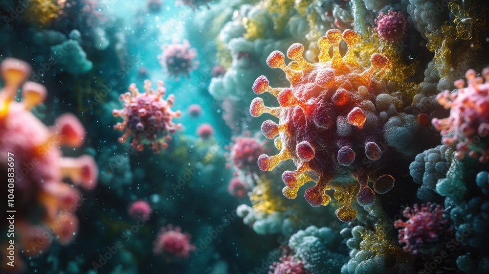 Colorful depiction of virus particles in a microscopic environment. Colorful depiction of virus particles in a microscopic environment.