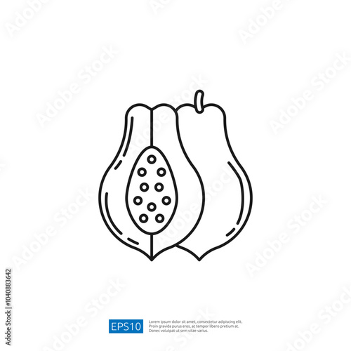 This image features a simple line drawing of a papaya fruit, showcasing its outer shape and seeds inside, emphasizing a minimalist design.