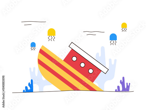 Sunken ship at the bottom of the sea. Diving illustration. Flat vector illustration
